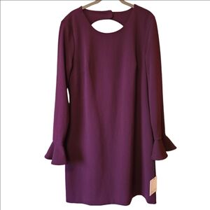 CALVIN KLIEN PLUM RUFFLE SLEEVE CUT OUT BACK SHIFT DRESS SIZE 14 NWT
